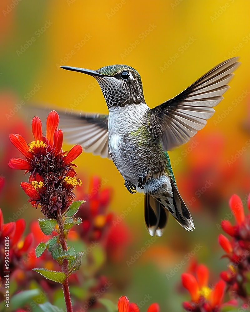 Fototapeta premium Vibrant Hummingbird Hovering Near Colorful Flowers