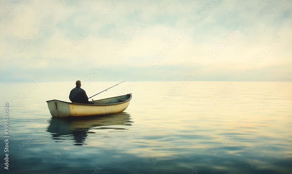Naklejka premium A solitary fisherman in a boat on a calm lake.