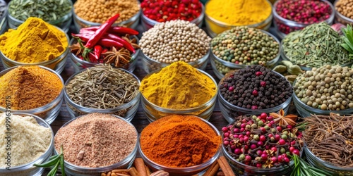 Assortment of colorful spices in bowls.