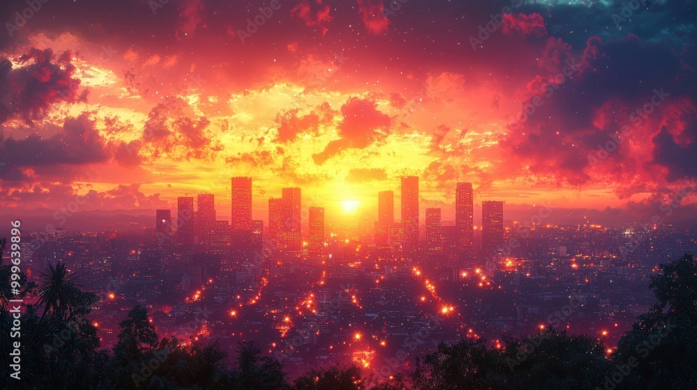 Fototapeta premium Vibrant Sunset Over City Skyline with Dramatic Clouds