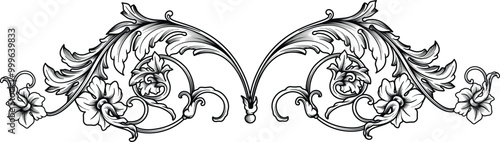 Vintage Floral baroque ornament, arabesque engraved with leaves and flowers . Victorian Filigree Border frame decorative elements, Scroll, swirl.