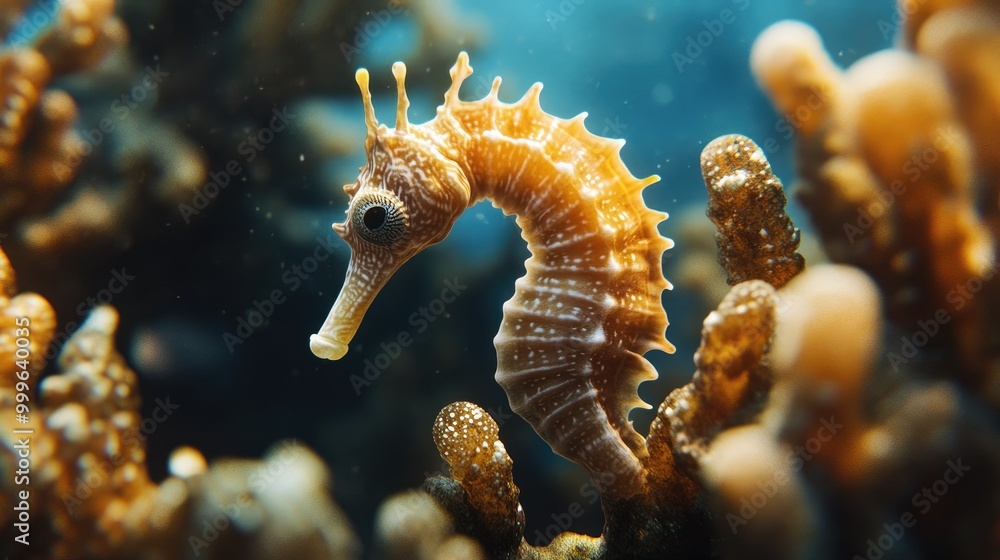 A close-up of a seahorse clinging to a piece of coral, its delicate body blending in with the surrounding underwater environment. A close-up of a seahorse clinging to a piece of coral, its delicate body blending in with the surrounding underwater environment.
