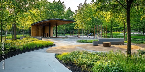 Fototapeta Naklejka Na Ścianę i Meble -  A modern park area with a wooden pavilion, pathways, and greenery.
