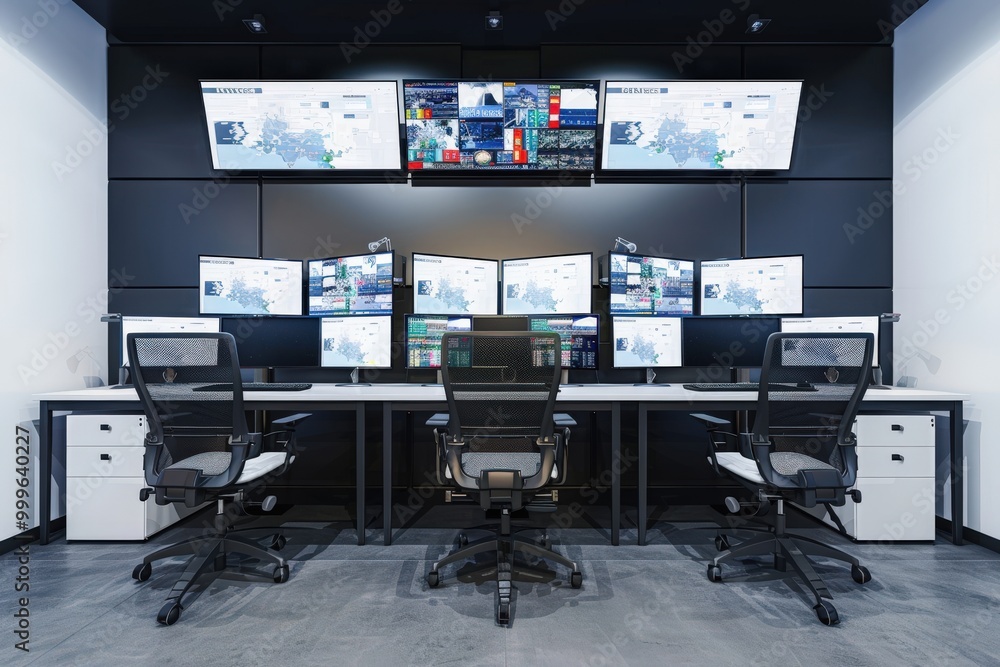 A large room with many computer monitors and a black chair, generative ai image A large room with many computer monitors and a black chair, generative ai image