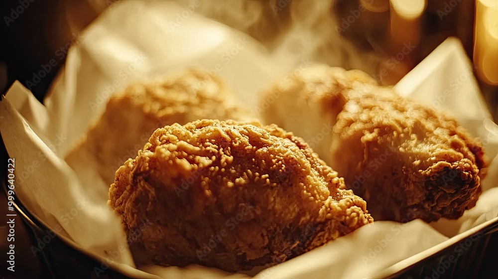 A close-up shot of a crispy fried chicken thigh with perfectly seasoned breading, steaming as it sits on a paper-lined basket. A close-up shot of a crispy fried chicken thigh with perfectly seasoned breading, steaming as it sits on a paper-lined basket.