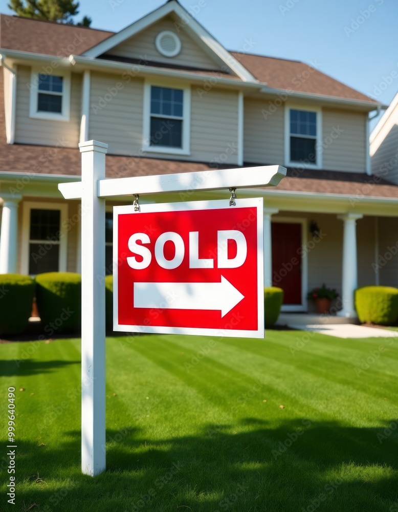 sold sign displayed in front of a suburban home Real Estate home listing buying or selling home sold sign displayed in front of a suburban home Real Estate home listing buying or selling home