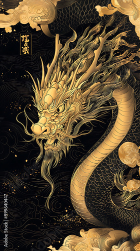 golden dragon soaring in the sky with clouds and mist surrounded by auspicious cloud patterns against an all black background
 photo