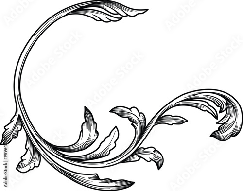 Floral leaf Scroll, swirl filigree engraved Element, Baroque Ornament vector design