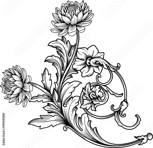 Dahlia and lily flower vintage engraved with Baroque Victorian in black color. Filigree, swirl, decorative floral ornament leaf scroll, tattoo and pattern element design vector illustration