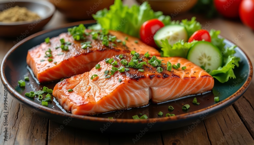 Deliciously grilled salmon with fresh veggies ready to be savored Deliciously grilled salmon with fresh veggies ready to be savored