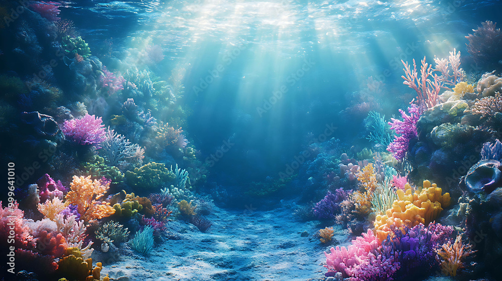 Vibrant coral reef with sunbeams shining through the water. Vibrant coral reef with sunbeams shining through the water.
