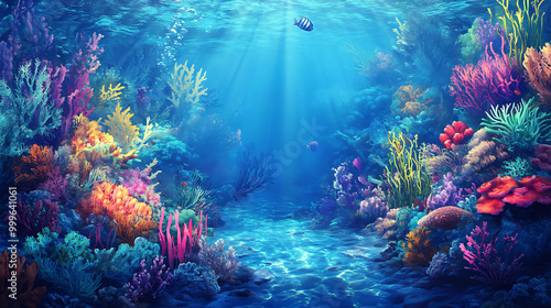 Vibrant underwater scene with colorful coral reefs and tropical fish.