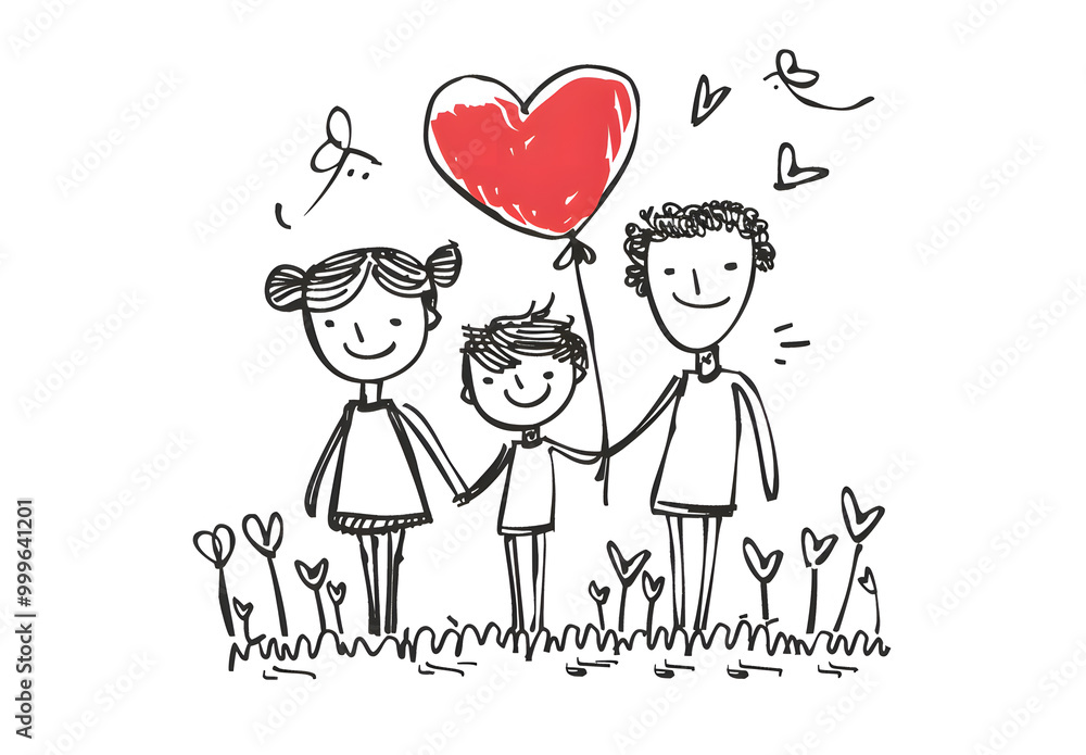 A heartwarming illustration featuring a happy family with a heartshaped balloon, surrounded by flowers and whimsical creatures, symbolizing love, unity, and togetherness A heartwarming illustration featuring a happy family with a heartshaped balloon, surrounded by flowers and whimsical creatures, symbolizing love, unity, and togetherness