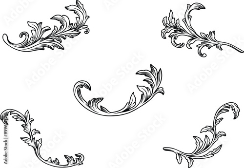 Set of vintage baroque ornament, border and corner elements. Victorian engraving, Retro pattern  acanthus in black color. Decorative design element filigree, flourish, swirl, calligraphy vector