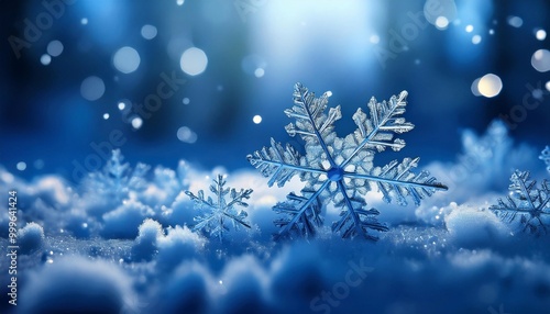 snowflakes on bokeh background in blue shades, background for text