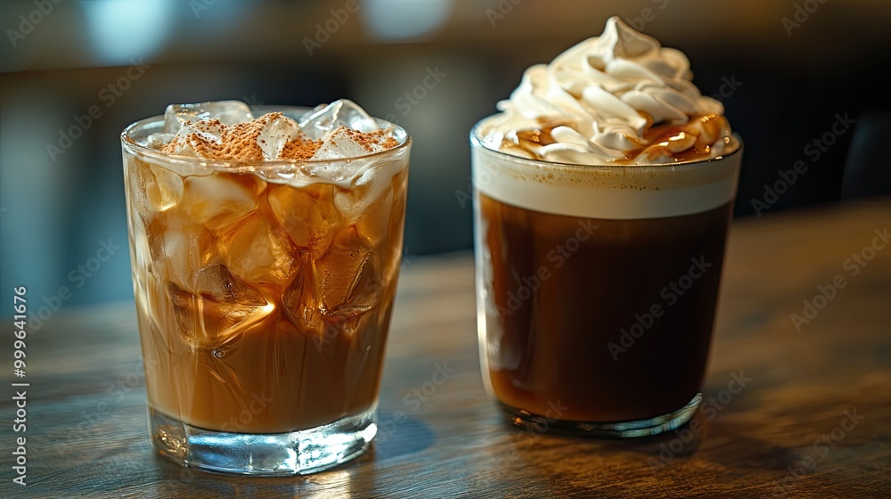 A glass of iced Americano with ice cubes glistening, next to a hot caramel macchiato with whipped cream. A glass of iced Americano with ice cubes glistening, next to a hot caramel macchiato with whipped cream.