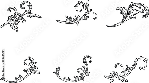 Vintage baroque engraving floral scroll ornament vector illustration. Set of Filigree elements engraved in black ink isolated on transparent background