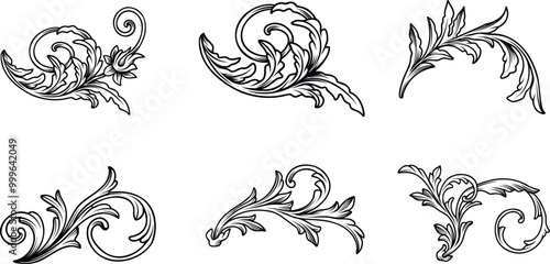 Set Vintage Victorian ornament, Floral leaf scroll engraved motif, flourish Filigree retro pattern decorative design, baroque ornamental tattoo, calligraphic heraldic, scroll, swirl hand drawn vector