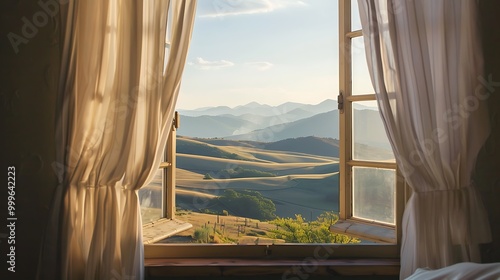 Views of undulating hills from an open window with billowing curtains