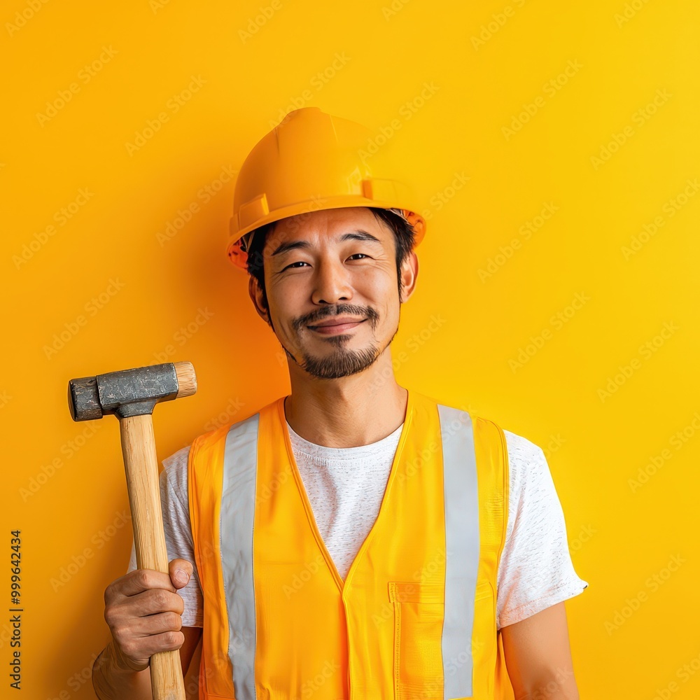 A cheerful male construction worker wearing a yellow hard hat and safety vest poses confidently with a tool, symbolizing hard work and dedication. A cheerful male construction worker wearing a yellow hard hat and safety vest poses confidently with a tool, symbolizing hard work and dedication.