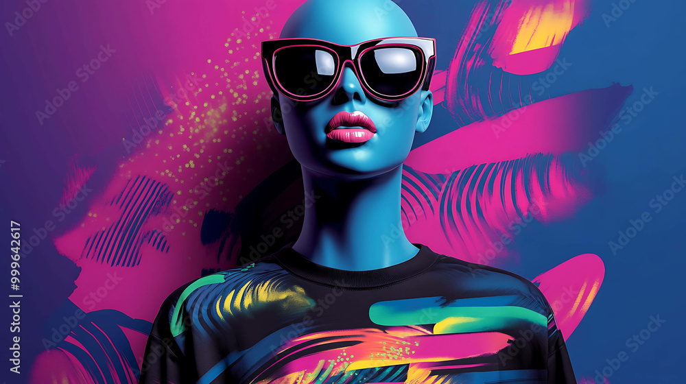 A blue mannequin with pink lips wearing sunglasses and a colorful shirt against a bright pink and blue background. A blue mannequin with pink lips wearing sunglasses and a colorful shirt against a bright pink and blue background.