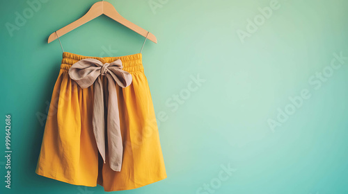 Yellow linen shorts with a beige bow.