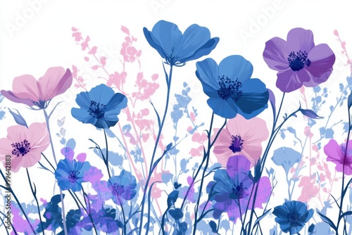 Vibrant floral design with blue and pink flowers for art and decor