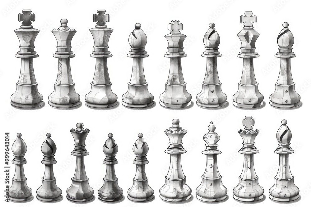 A set of chess pieces arranged on a white background A set of chess pieces arranged on a white background