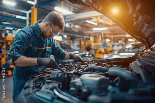 mechanic inspecting a car engine under the hood