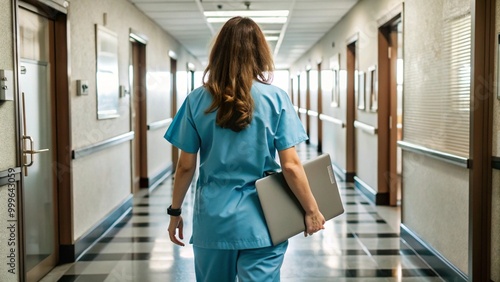 Female Nurse Walking Away in Hospital Corridor, Dressed in Blue Scrubs and Holding a Clipboard, Professional Medical Environment.