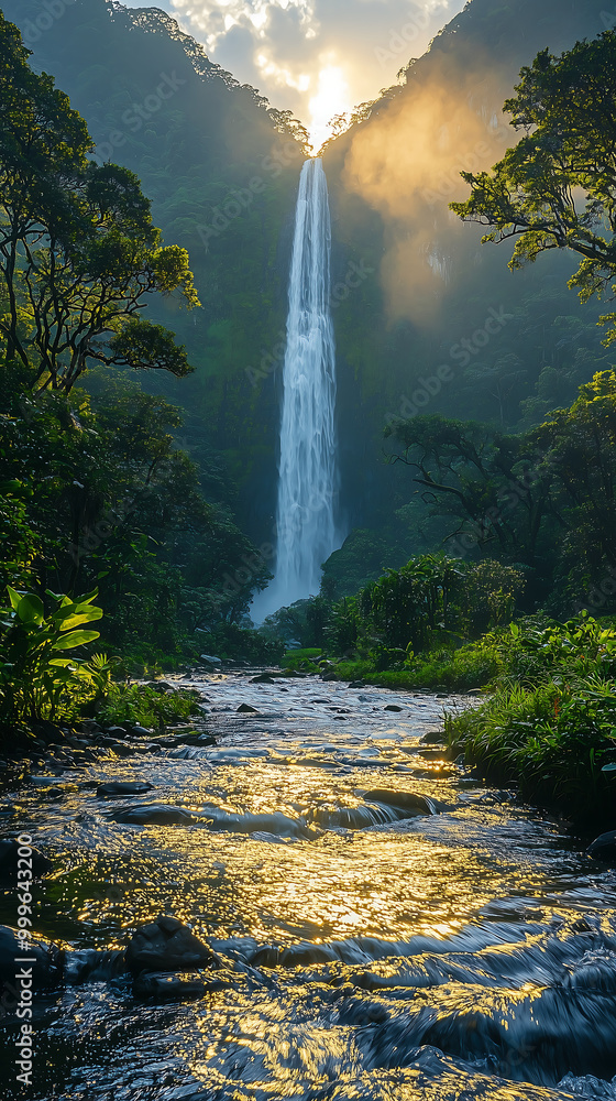 Fototapeta premium majestic waterfall cascades down from the lush green mountains surrounded by dense forests and vibrant wildlife 