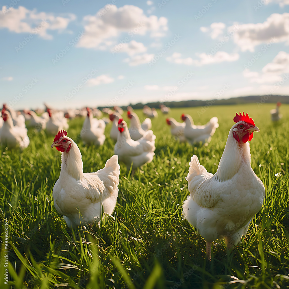 Fototapeta premium White Feathered Chickens Pecking in a Sunny Farmyard