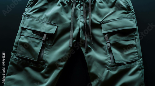 Green cargo pants with multiple pockets and a drawstring waist. photo