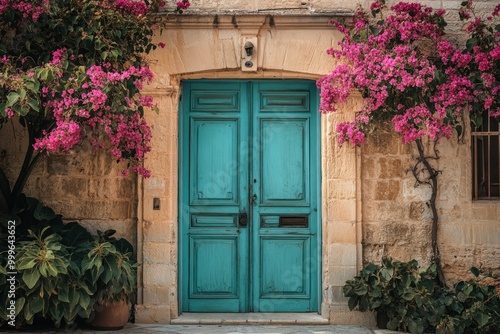 Photograph of the front door with turquoise double doors and bougainvillea in front of an old stone building in Malta