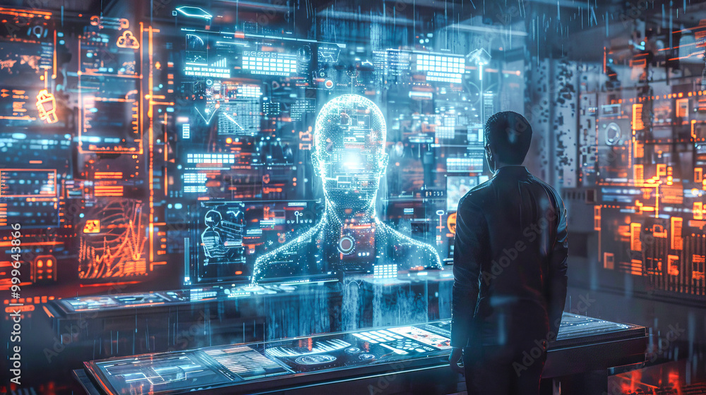Businessman looking at holographic projections in futuristic business center Businessman looking at holographic projections in futuristic business center
