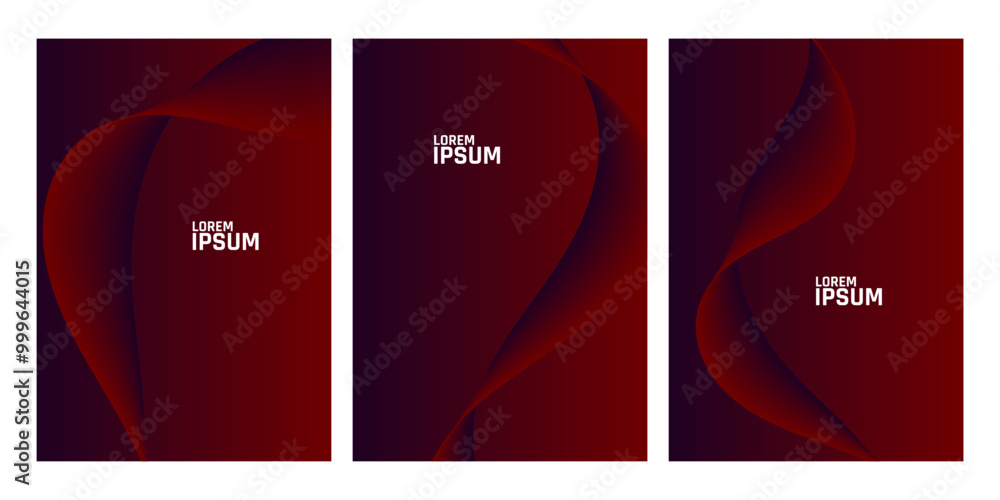 Fototapeta premium Three vertical panels of dark red, with flowing, curved lines. Text is visible.