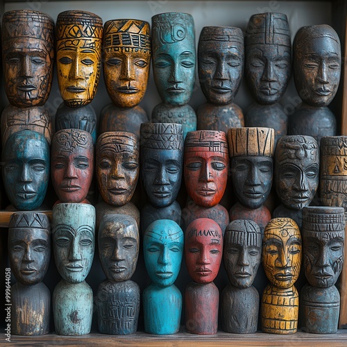 Colorful Wooden Carvings of Tribal Masks and Faces