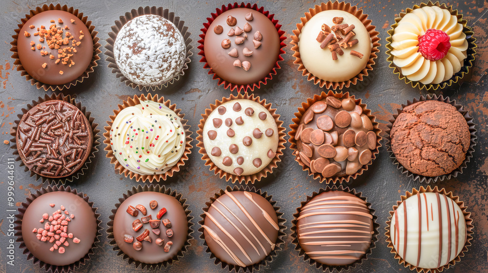Variety of delicious chocolate cupcakes sitting on table Variety of delicious chocolate cupcakes sitting on table