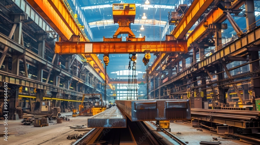 Industrial Crane Lifting Steel Beam in a Factory Industrial Crane Lifting Steel Beam in a Factory