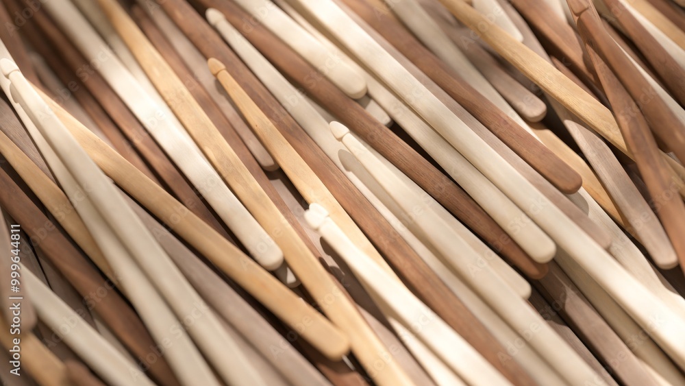 Wooden drumsticks for drum kit piled up in a chaotic heap, forming a unique backdrop for music and rhythm Wooden drumsticks for drum kit piled up in a chaotic heap, forming a unique backdrop for music and rhythm