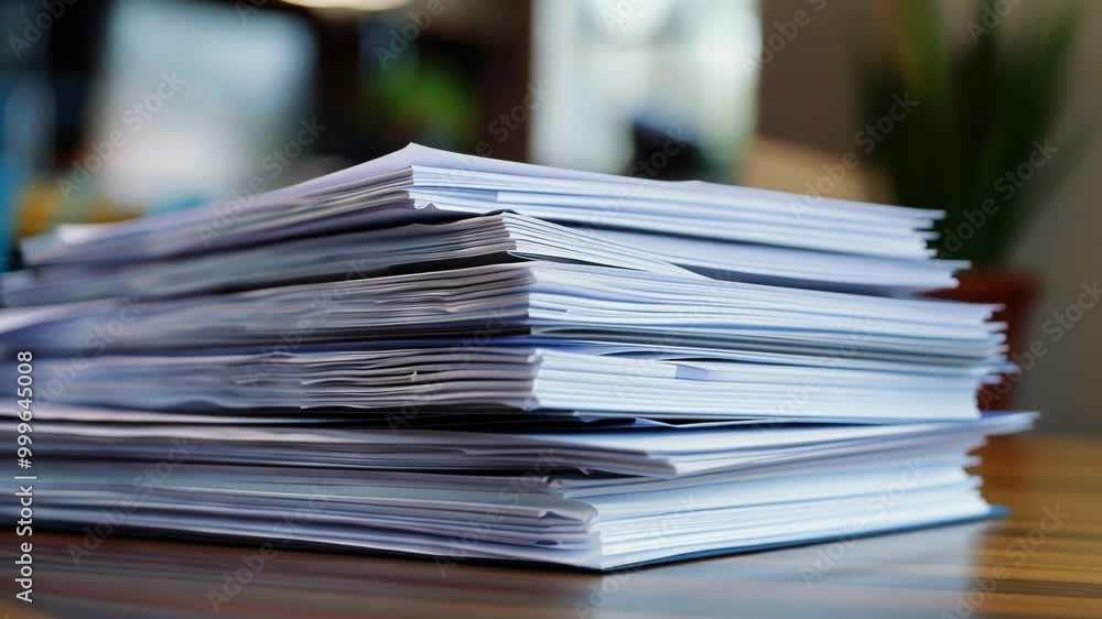 Important documents are piled up on a desk, representing a large amount of paperwork waiting to be processed. The blurred background suggests an office environment Important documents are piled up on a desk, representing a large amount of paperwork waiting to be processed. The blurred background suggests an office environment