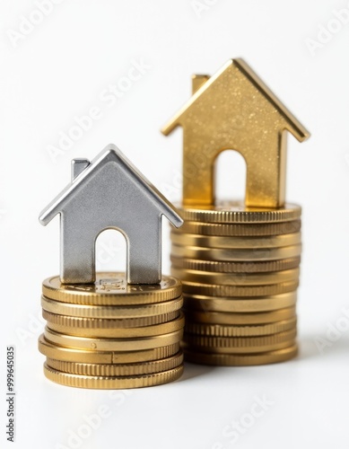 Silver and golden houses on stacks of coins isolated on white background Real Estate home listing buying or selling home