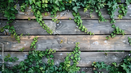 Vintage wooden board background with hazy green foliage