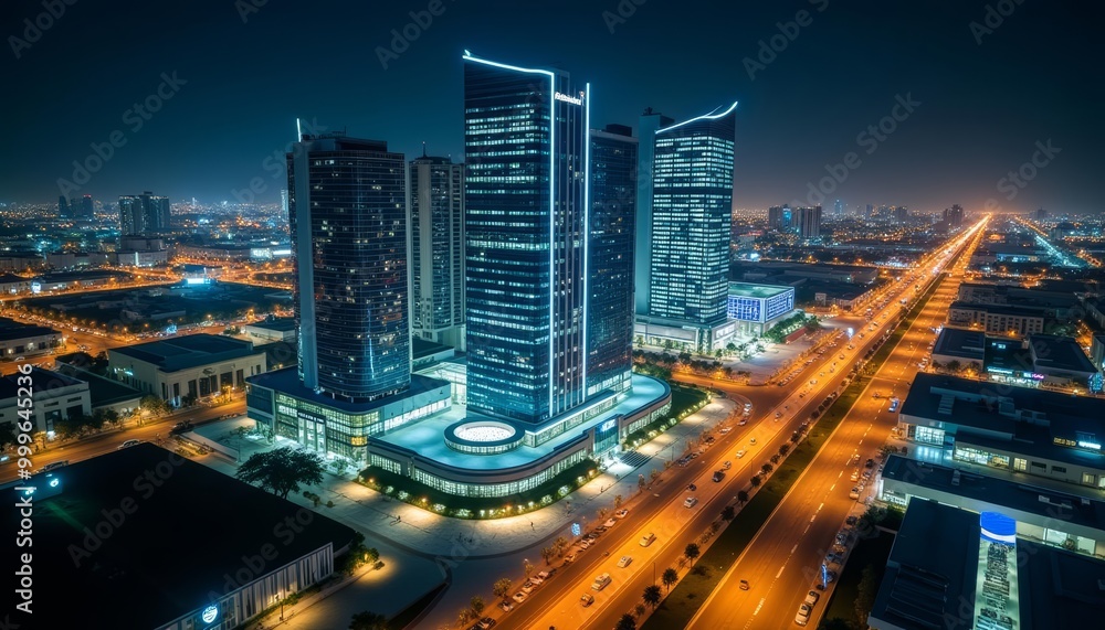 Naklejka premium Bright cityscape at night with illuminated skyscrapers and bustling streets