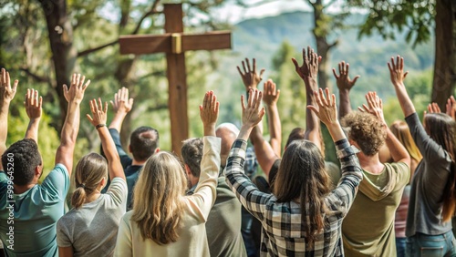 A Gathering of Christians Raising Hands in Worship Before a Cross, Inspirational Religious Setting, Uplifting Community Moment.
