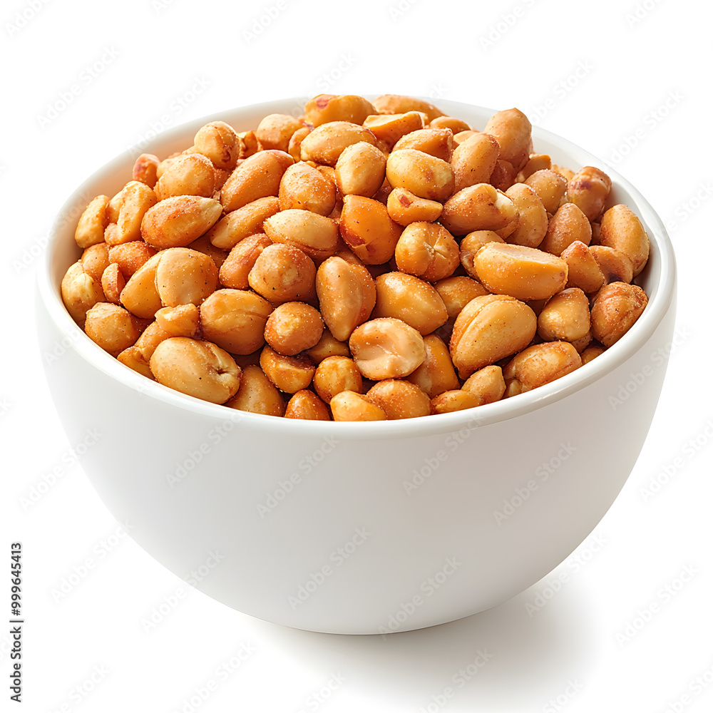 White bowl of spicy peanuts isolated on white background White bowl of spicy peanuts isolated on white background