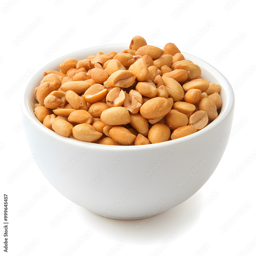 White bowl of spicy peanuts isolated on white background White bowl of spicy peanuts isolated on white background