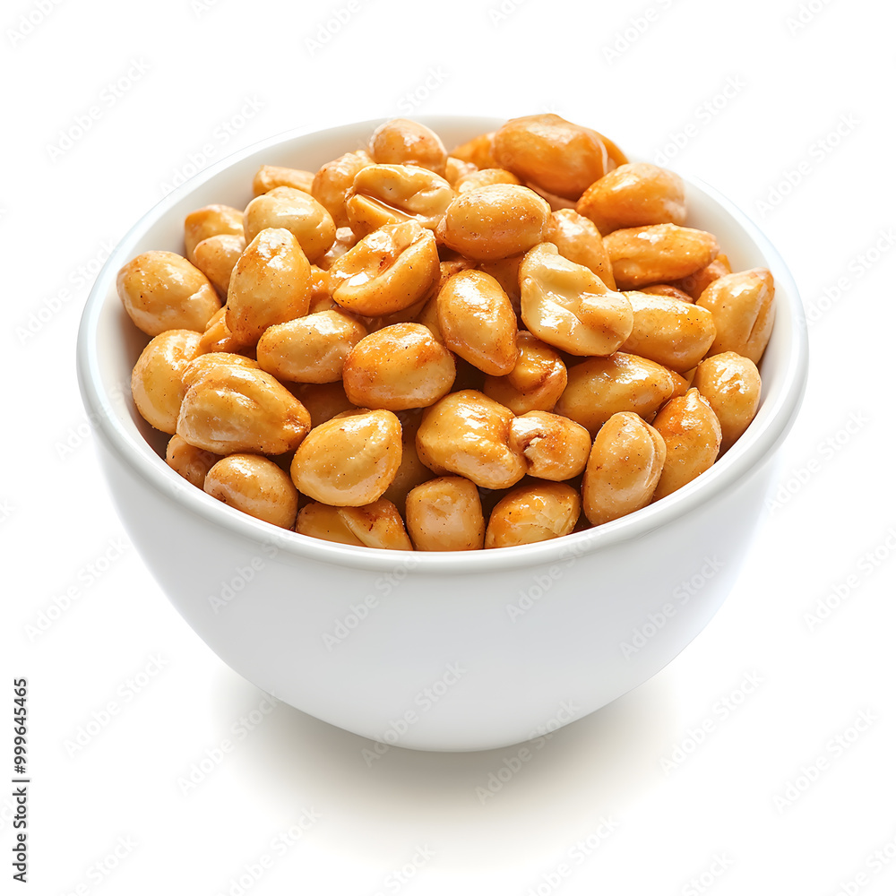 Fototapeta premium White bowl of spicy peanuts isolated on white background
