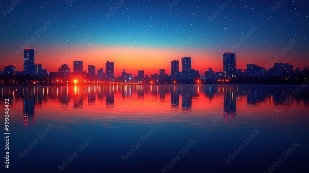 Fototapeta premium Serene City Skyline at Dusk with Reflections
