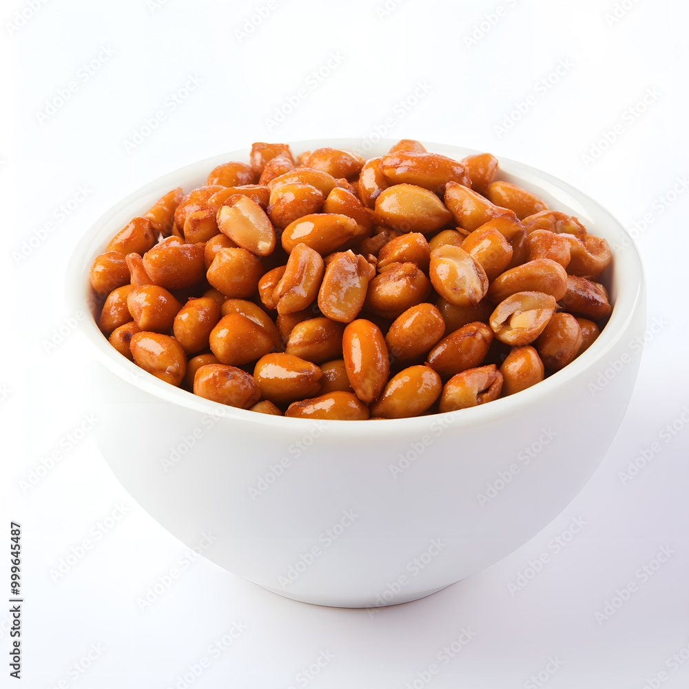 White bowl of spicy peanuts isolated on white background White bowl of spicy peanuts isolated on white background